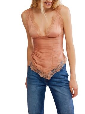 Free People Elana Lace Trim Tank Top Large EUC Boho Coquette Romantic